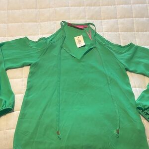 Green Cold-Shoulder V-Neck Women's Top